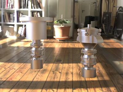 Two Silver Metal Components Placed On Wooden Floor With Bookshelf And Potted Plant 3d model