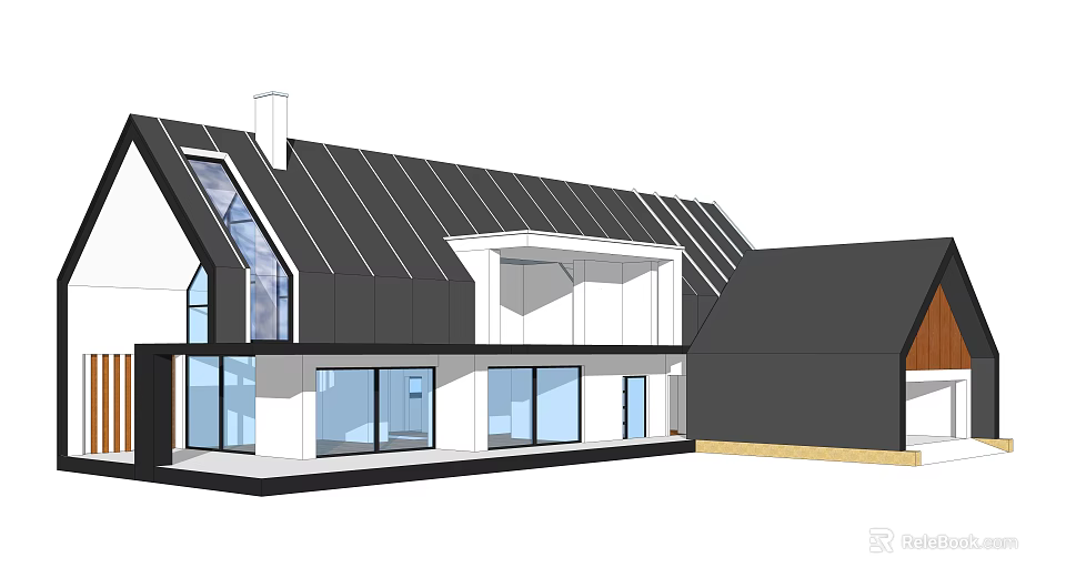 Modern Detached House Exterior With Sloped Roof Large Glass Windows And Geometric Design 3d model 