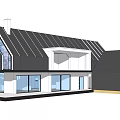 Modern Detached House Exterior With Sloped Roof Large Glass Windows And Geometric Design