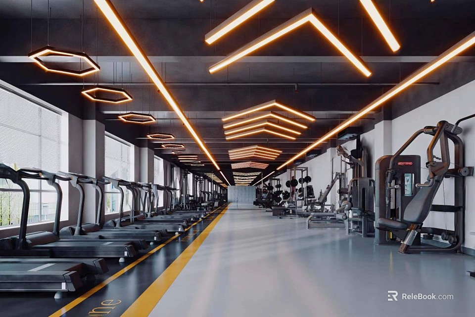 Spacious Modern Gym Interior With Treadmills Fitness Equipment And Lighting 3d model 