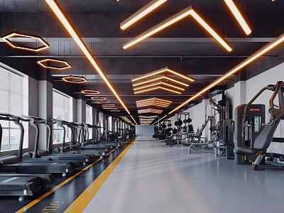 Spacious Modern Gym Interior With Treadmills Fitness Equipment And Lighting 3d model