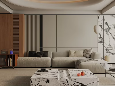 Modern Living Room Interior Design With Beige Sofa Marble Coffee Table And Wooden Wall Decor 3d model