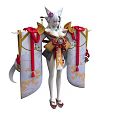 Elegant White Haired Woman With Fox Ears In Traditional Outfit Red Gold Decorations Flowing Ribbons
