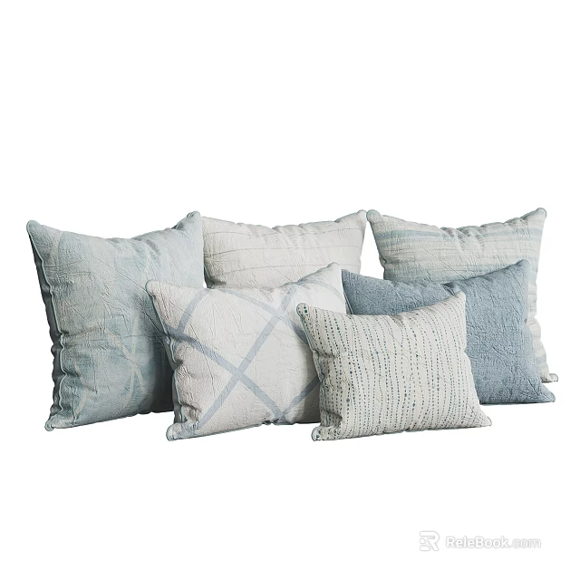 Soft Blue And White Decorative Pillows With Textured Weave And Cross Patterns 3d model 