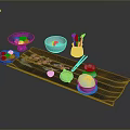 Pink Flower Pattern Carving on Wooden Tray with Ceramic Tableware Bowls Teacups and Red Chopsticks