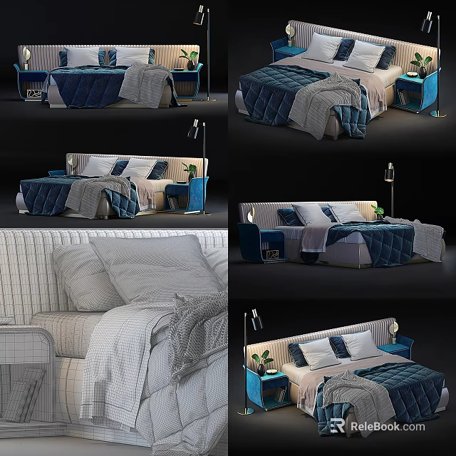 Modern Double Bed Interior Design With Blue Bedding Nightstand Table Lamp Blanket and Pillows 3d model 
