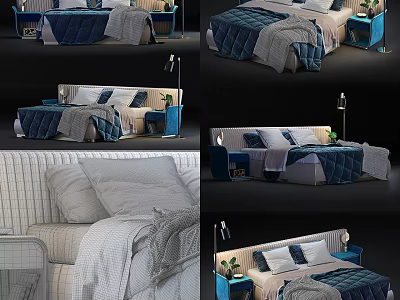 Modern Double Bed Interior Design With Blue Bedding Nightstand Table Lamp Blanket and Pillows 3d model
