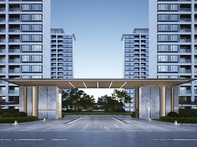 Modern Residential Entrance Gate Design With Portico Paved Driveway And High Rise Buildings 3d model