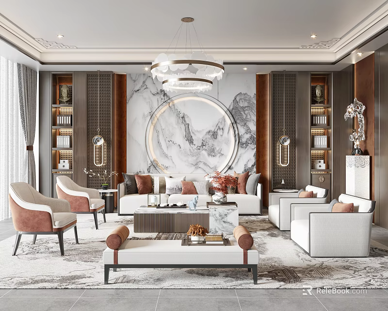 Elegant Modern Living Room Interior With Sofa Armchairs Chandelier Circular Art Marble Wall And Bookshelves 3d model 