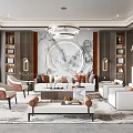 Elegant Modern Living Room Interior With Sofa Armchairs Chandelier Circular Art Marble Wall And Bookshelves