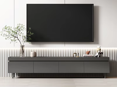 Modern Sleek Gray TV Stand With Large TV Above Green Plant And Decorative Items 3d model