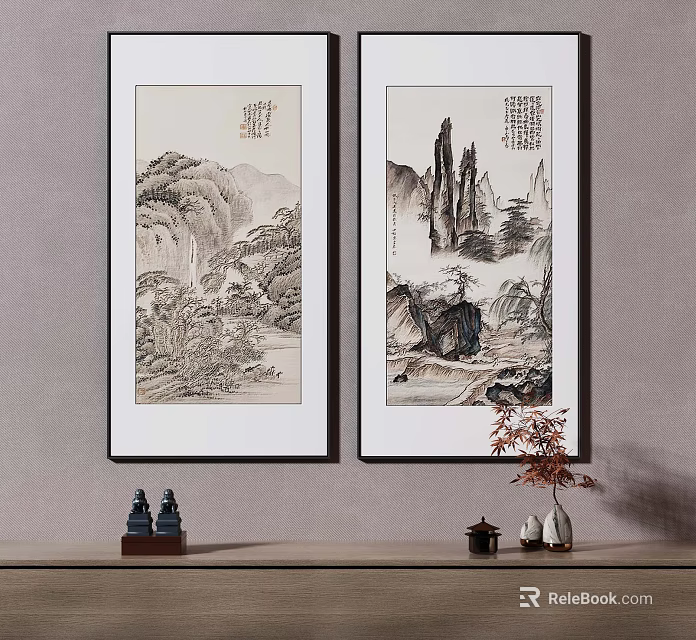 Traditional Chinese Landscape Paintings Hanging on Wall with Decorative Ornaments 3d model 