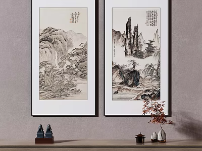 Traditional Chinese Landscape Paintings Hanging on Wall with Decorative Ornaments 3d model