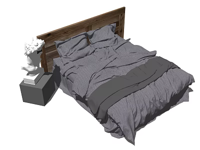 Modern Double Bed With Wooden Headboard Gray Bedding And Nightstand White Sculpture 3d model