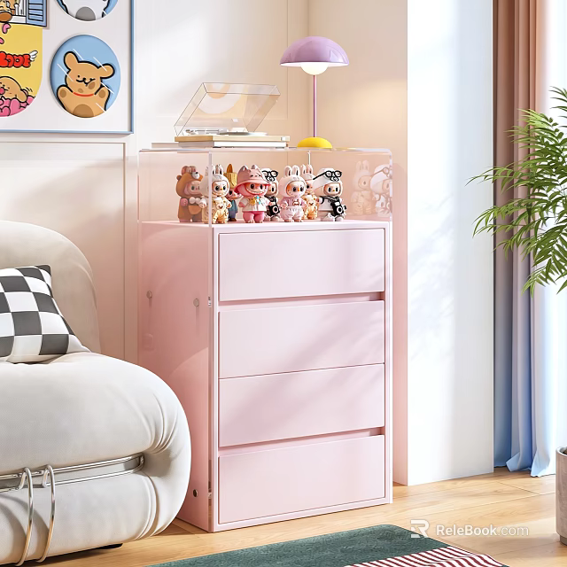 Pink Decorative Cabinet With Drawers Transparent Top And Stuffed Toys In Living Room 3d model 