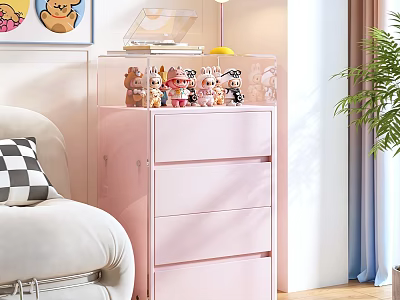 Pink Decorative Cabinet With Drawers Transparent Top And Stuffed Toys In Living Room 3d model