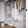 Modern Organized Wardrobe With White Shelves Transparent Storage Boxes And Hanging Clothes