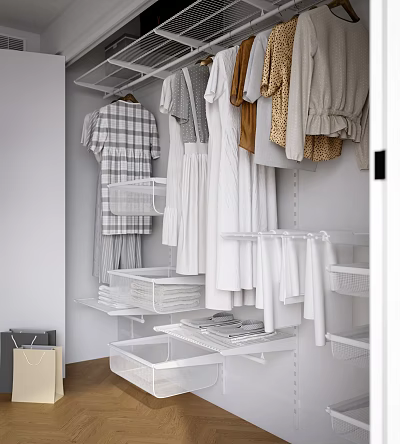 Modern Organized Wardrobe With White Shelves Transparent Storage Boxes And Hanging Clothes 3d model