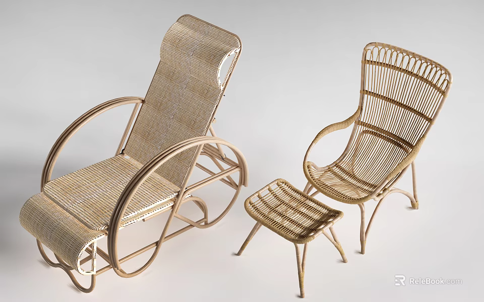 Modern Wicker Lounge Chair With Matching Ottoman And Stylish Side Seating 3d model 