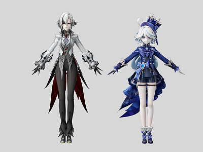 Anime Style Game and Movie Characters in White Red and Blue Elaborate Detailed Costumes 3d model