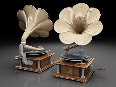 Classic Vintage Phonographs With Elegant Horn Shape And Wooden Base Details 3d model