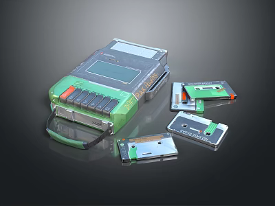 Green Retro Handheld Digital Game Console With Multiple Game Cartridges And Accessories 3d model