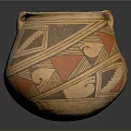 Ancient Clay Pot With Orange Triangles Black Spirals And Geometric Patterns