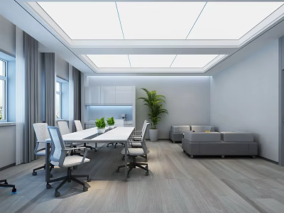 Modern Conference Room Interior With Long Table White Chairs Gray Sofa And Green Plant 3d model