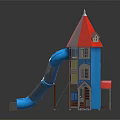 Colorful Kids Playground Equipment with Blue Slide Red Roof Tower Yellow Blue Walls and Ladder