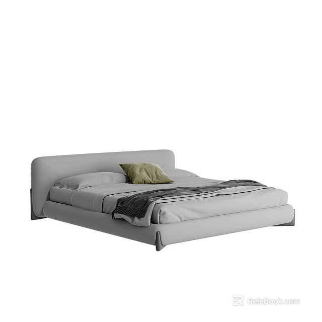Modern Gray Double Bed With Minimalist Headboard Green Pillow And Cozy Bedspread 3d model 