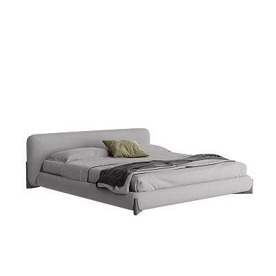 Modern Gray Double Bed With Minimalist Headboard Green Pillow And Cozy Bedspread 3d model