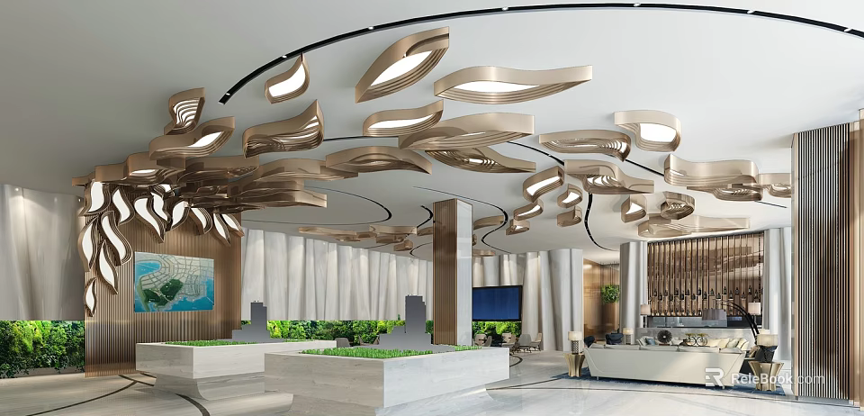 Modern Sales Office Interior Featuring Unique Ceiling Lighting Sand Table Model And Green Plants 3d model