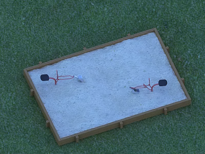 Red Swings With Black Seats In Wooden Frame Sandpit On Green Grass 3d model