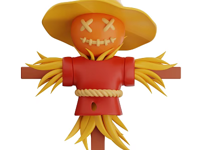 Decorative Halloween Scarecrow Figurine Set With Pumpkin Head Straw Hat Red Outfit And Straw Details 3d model