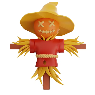 Decorative Halloween Scarecrow Figurine Set With Pumpkin Head Straw Hat Red Outfit And Straw Details 3d model