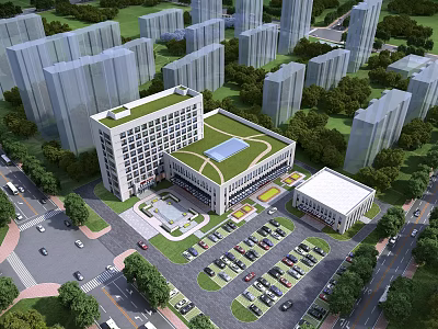 Aerial Planning Featuring High Rise Buildings Green Roof Building Parking Lot Roads and Trees 3d model