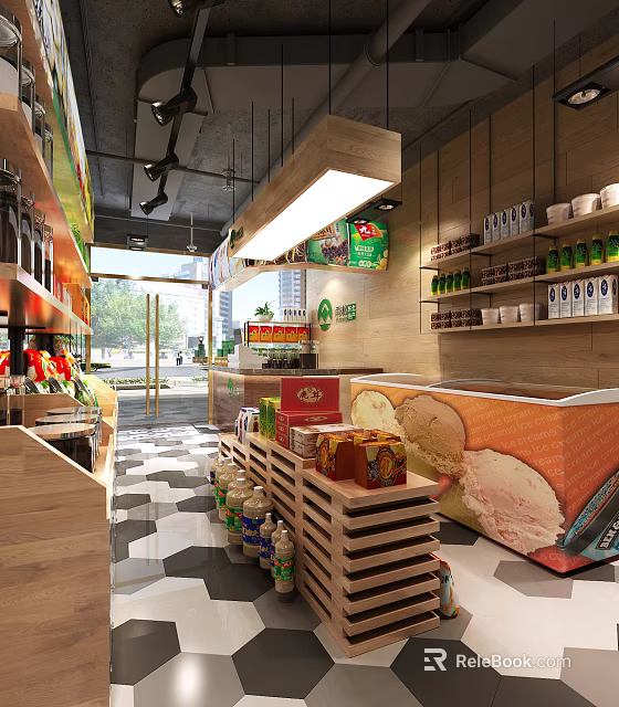Supermarket Grocery Interior With Shelves Counter Display Various Beverages And Packaged Goods 3d model 