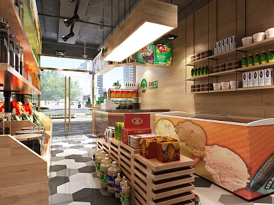 Supermarket Grocery Interior With Shelves Counter Display Various Beverages And Packaged Goods 3d model