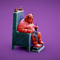 Fat Horned Character Sitting On Blue Throne With Small Creatures Holding Spoon And Fork