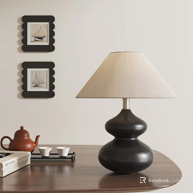 Vintage Table Lamp with Black Base and Beige Linen Shade Alongside Teapot Cups Tray 3d model 