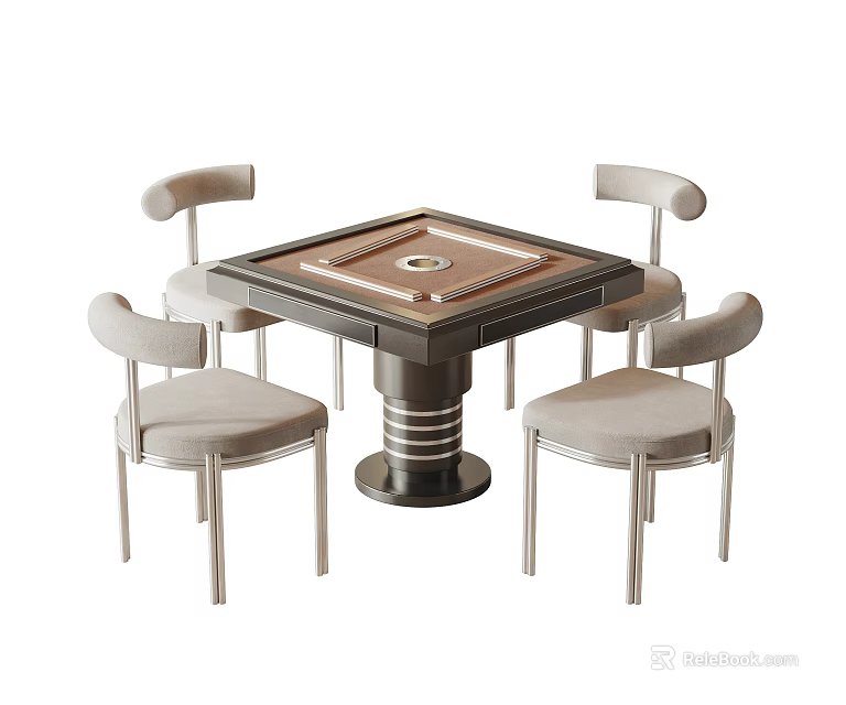Square Entertainment Table With Four Light Colored Curved Back Chairs And Round Center 3d model