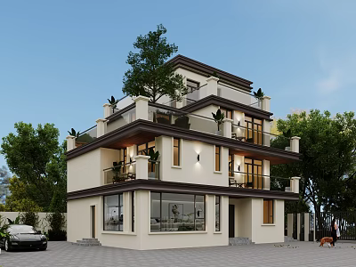 Modern Detached Villa Exterior with Multiple Balconies Large Windows Lush Trees and Driveway 3d model