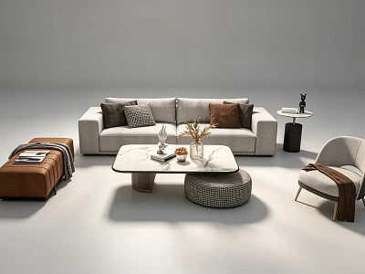 Modern Sofa Set with Multiple Cushions Marble Coffee Table Brown Ottoman and Accent Chair 3d model