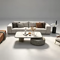 Modern Sofa Set with Multiple Cushions Marble Coffee Table Brown Ottoman and Accent Chair
