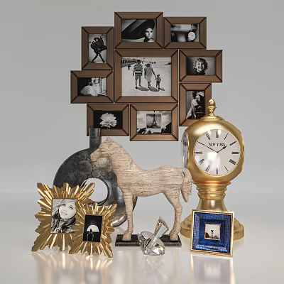 Decorative Ornament Collection With Photo Frames Wooden Horse And Gold Clock 3d model