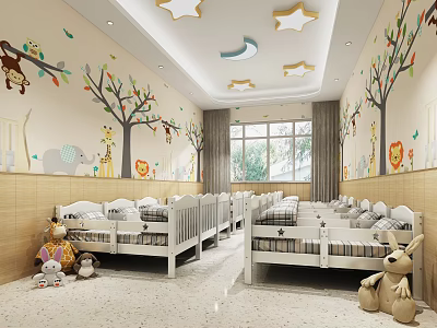 Kindergarten Naptime Room With White Cribs Animal Stickers Tree Decorations Star Ceiling And Stuffed Toys 3d model