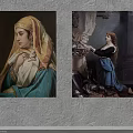 Two Classical Figurative Paintings Featuring Women In Headscarf And Blue Gown With Curtains