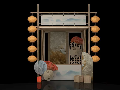 Traditional Chinese Photo Check-in Spot With Hanging Lanterns Wooden Frame Landscape Screen And Paper Fans 3d model
