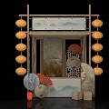 Traditional Chinese Photo Check-in Spot With Hanging Lanterns Wooden Frame Landscape Screen And Paper Fans