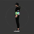 Character in Black Hoodie With Colorful Gradient Sleeves Chest Logo Black Pants Hat Glasses Sneakers